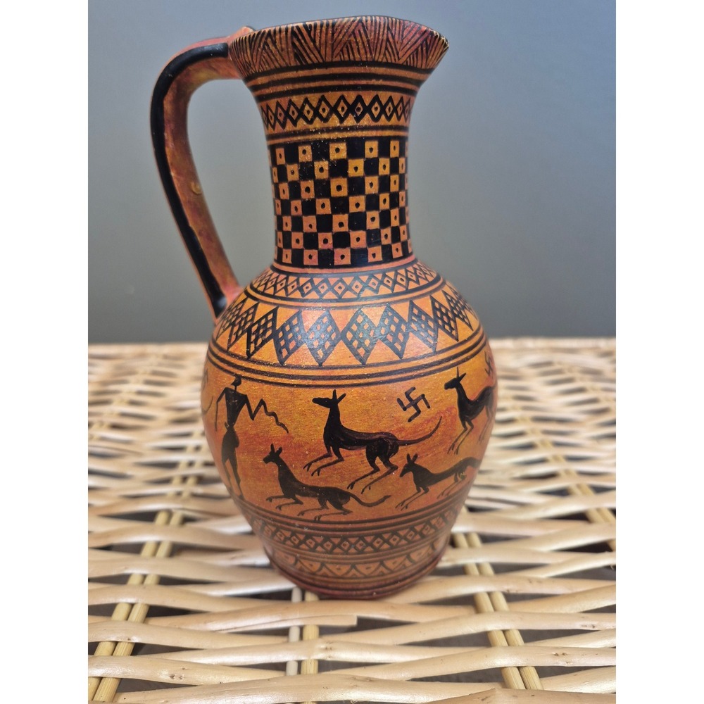 Vintage 1982 Rodos Greek Attic Geometric Oinochoe Pitcher Hunting Scene Foxes